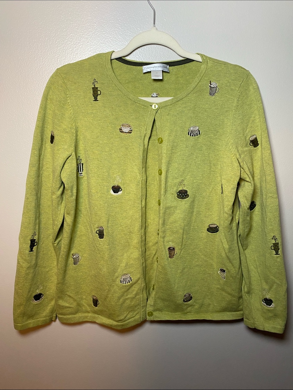Christopher & Banks Lime Green Embroidered Coffee Motif Cotton Cardigan Medium